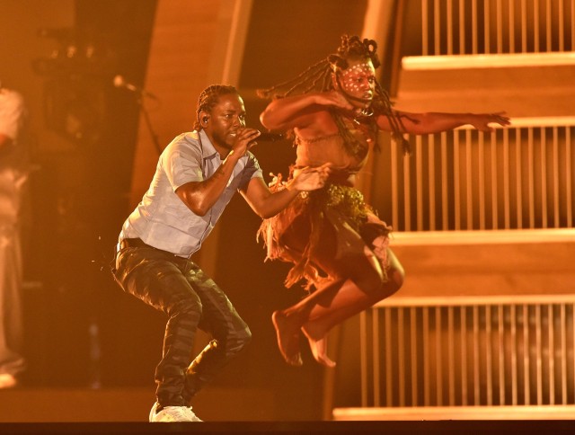 LOS ANGELES, CA - FEBRUARY 15: Rapper Kendrick Lamar performs onstage during The 58th GRAMMY Awards at Staples Center on February 15, 2016 in Los Angeles, California. (Photo by Kevork Djansezian/Getty Images for NARAS)